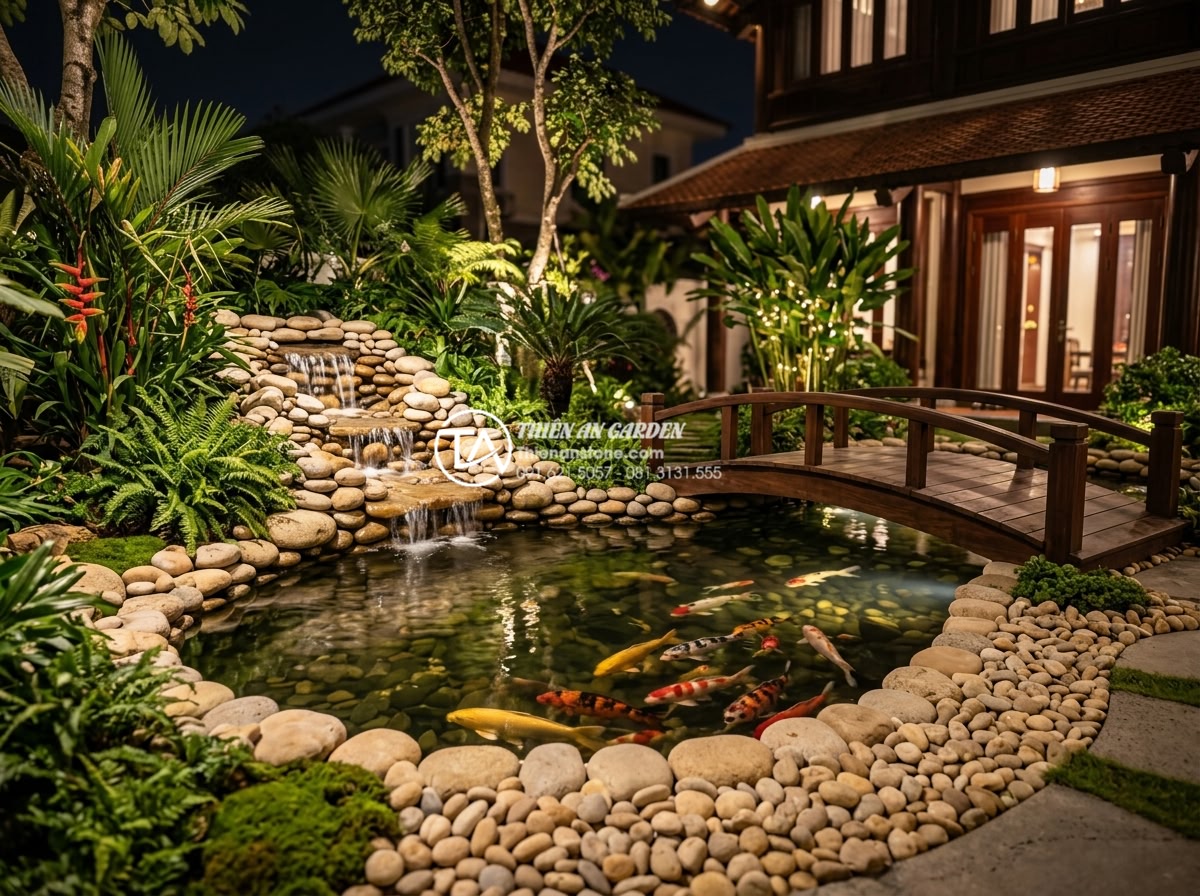 Có nên đặt bể cá tiểu cảnh trước cửa nhà? Lưu ý đại kỵ phong thủy - Hình 8 Có nên đặt bể cá tiểu cảnh trước cửa nhà? Lưu ý đại kỵ phong thủy - Luxurious Koi pond design by Thien An Stone company featuring natural stone wate