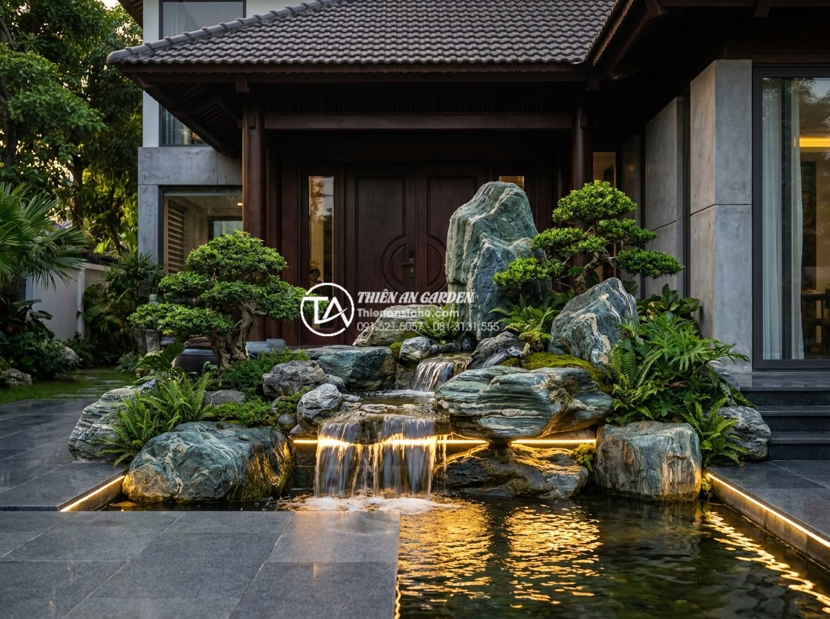Có nên làm hòn non bộ ngay trước cửa nhà? Lời khuyên từ chuyên gia SEO nội thất - High-resolution professional photograph of a modern Vietnamese villa entrance fe