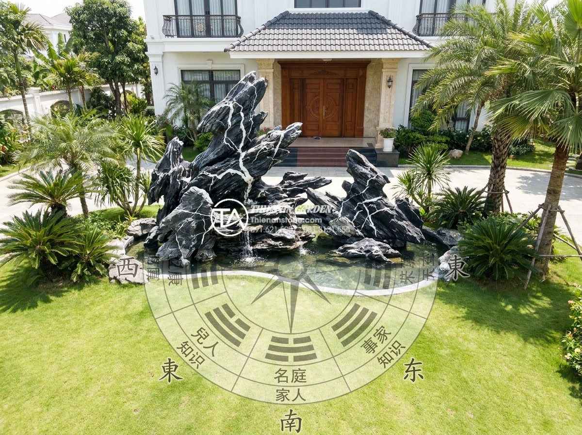 Có nên làm hòn non bộ ngay trước cửa nhà? Lời khuyên từ chuyên gia SEO nội thất - Detailed aerial view photograph of a luxury Vietnamese villa front yard showing 