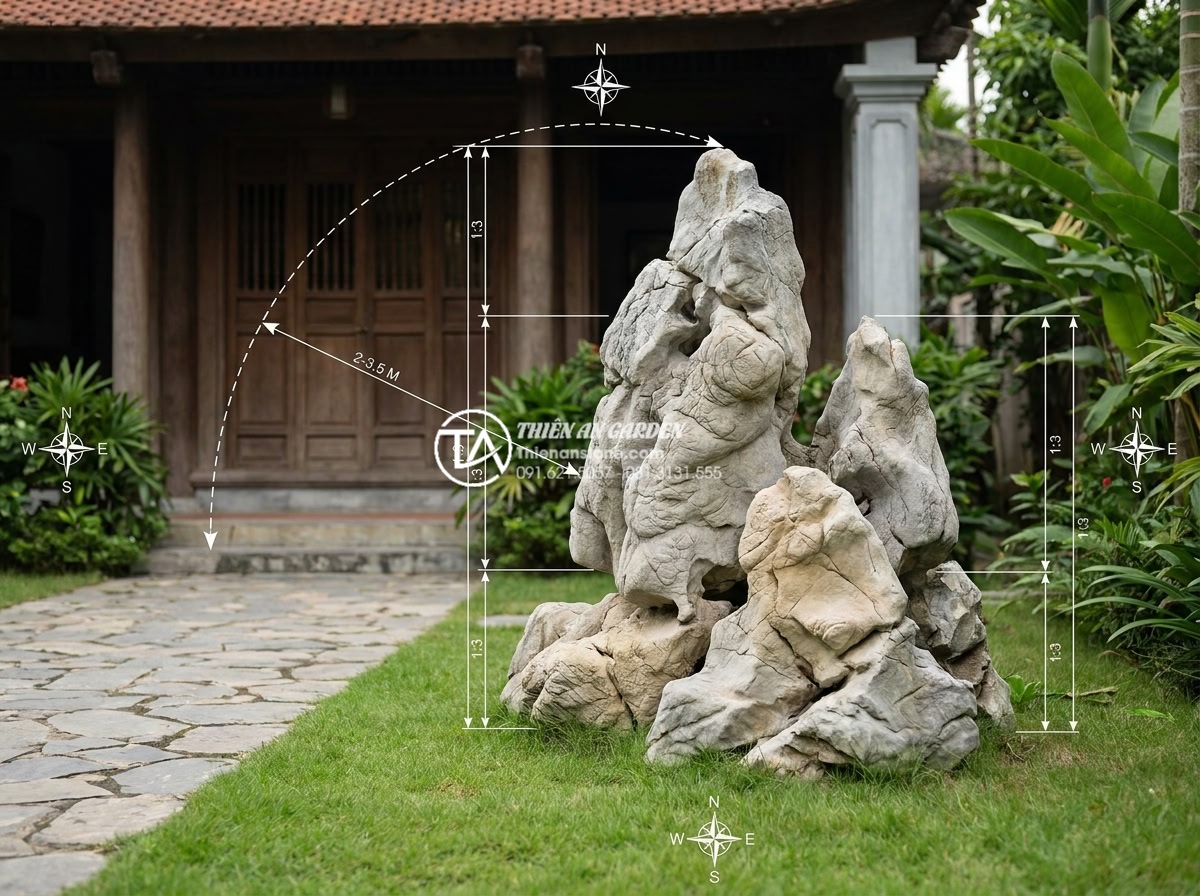 Có nên làm hòn non bộ ngay trước cửa nhà? Lời khuyên từ chuyên gia SEO nội thất - Technical architectural rendering photograph showing precise measurements and Fe