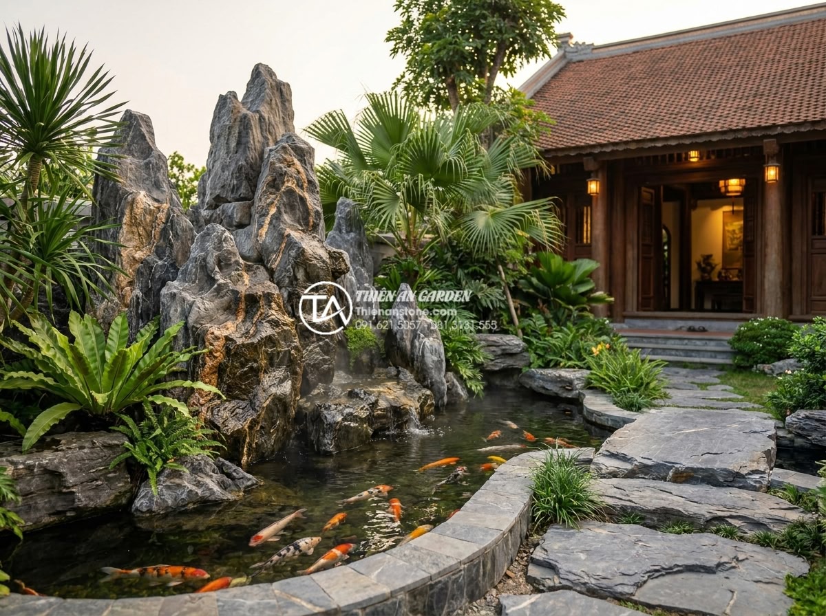 Có nên làm hòn non bộ ngay trước cửa nhà? Lời khuyên từ chuyên gia SEO nội thất - Wide angle professional photograph of a complete Vietnamese garden landscape fea