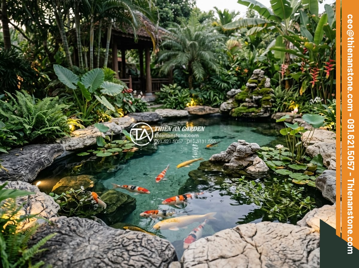 Độ sâu lý tưởng của hồ cá sân vườn để cá phát triển tốt nhất là bao nhiêu? - Detailed professional photograph of a luxurious outdoor garden koi pond in Vietn