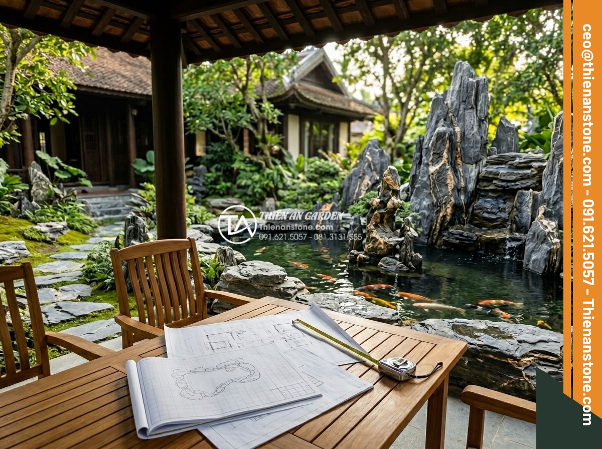 Độ sâu lý tưởng của hồ cá sân vườn để cá phát triển tốt nhất là bao nhiêu? - Hình 10 Độ sâu lý tưởng của hồ cá sân vườn để cá phát triển tốt nhất là bao nhiêu? - Professional consultation scene at a luxury Vietnamese villa garden showing expe