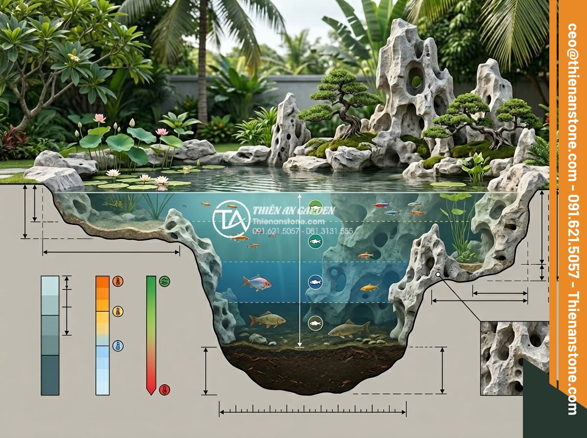 Độ sâu lý tưởng của hồ cá sân vườn để cá phát triển tốt nhất là bao nhiêu? - Hình 2 Độ sâu lý tưởng của hồ cá sân vườn để cá phát triển tốt nhất là bao nhiêu? - Technical diagram style image of cross-section view of an ideal garden fish pond