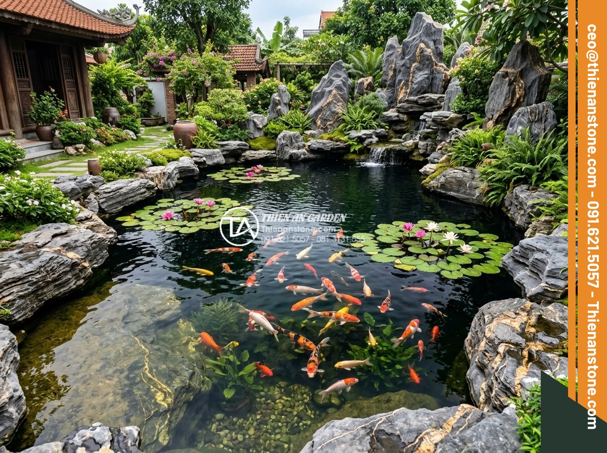 Độ sâu lý tưởng của hồ cá sân vườn để cá phát triển tốt nhất là bao nhiêu? - Hình 3 Độ sâu lý tưởng của hồ cá sân vườn để cá phát triển tốt nhất là bao nhiêu? - High-resolution image of various healthy koi and goldfish in a professionally de