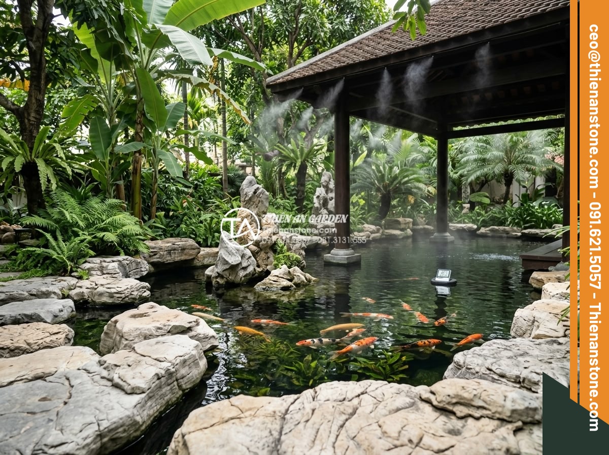 Độ sâu lý tưởng của hồ cá sân vườn để cá phát triển tốt nhất là bao nhiêu? - Hình 8 Độ sâu lý tưởng của hồ cá sân vườn để cá phát triển tốt nhất là bao nhiêu? - Climate adapted garden fish pond design image showing Vietnamese tropical settin