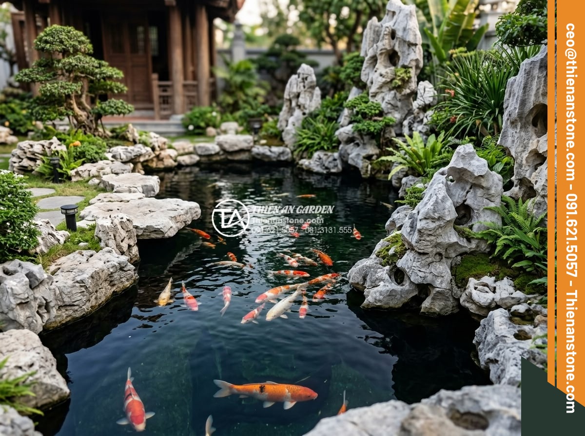 Độ sâu lý tưởng của hồ cá sân vườn để cá phát triển tốt nhất là bao nhiêu? - Hình 9 Độ sâu lý tưởng của hồ cá sân vườn để cá phát triển tốt nhất là bao nhiêu? - Luxury Vietnamese garden scene with beautifully designed deep koi pond featuring
