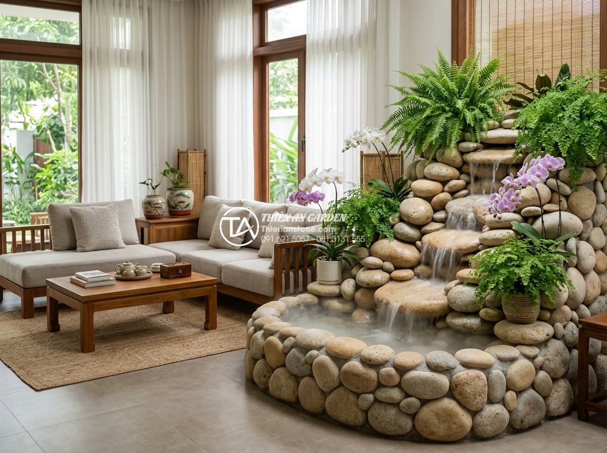 Giải đáp: Có nên đặt tiểu cảnh thác nước trong phòng khách không? - Peaceful family living room interior with a premium natural limestone waterfall 