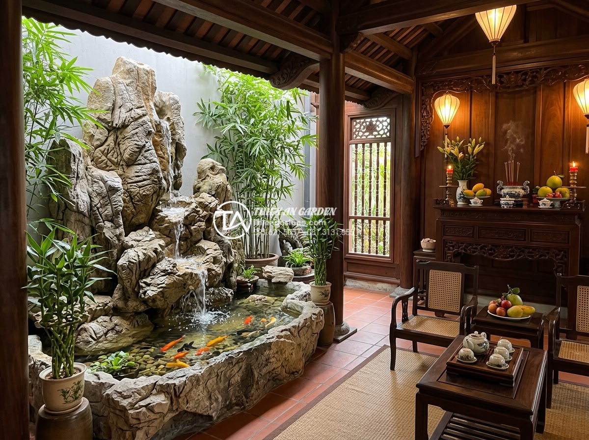 Giải đáp: Có nên đặt tiểu cảnh thác nước trong phòng khách không? - Traditional yet modern Vietnamese living room with feng shui optimized natural s