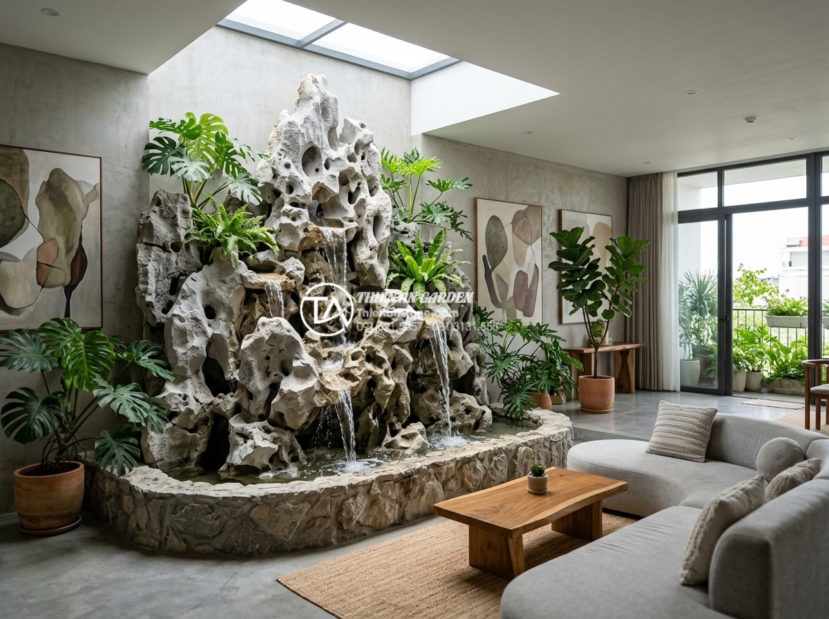 Giải đáp: Có nên đặt tiểu cảnh thác nước trong phòng khách không? - Ideal corner placement of a large custom natural stone waterfall in a spacious o