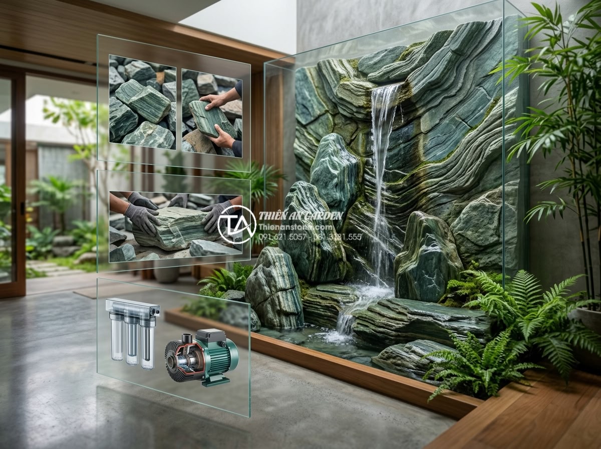 Giải đáp: Có nên đặt tiểu cảnh thác nước trong phòng khách không? - Transparent cost breakdown infographic for a premium indoor waterfall project sh
