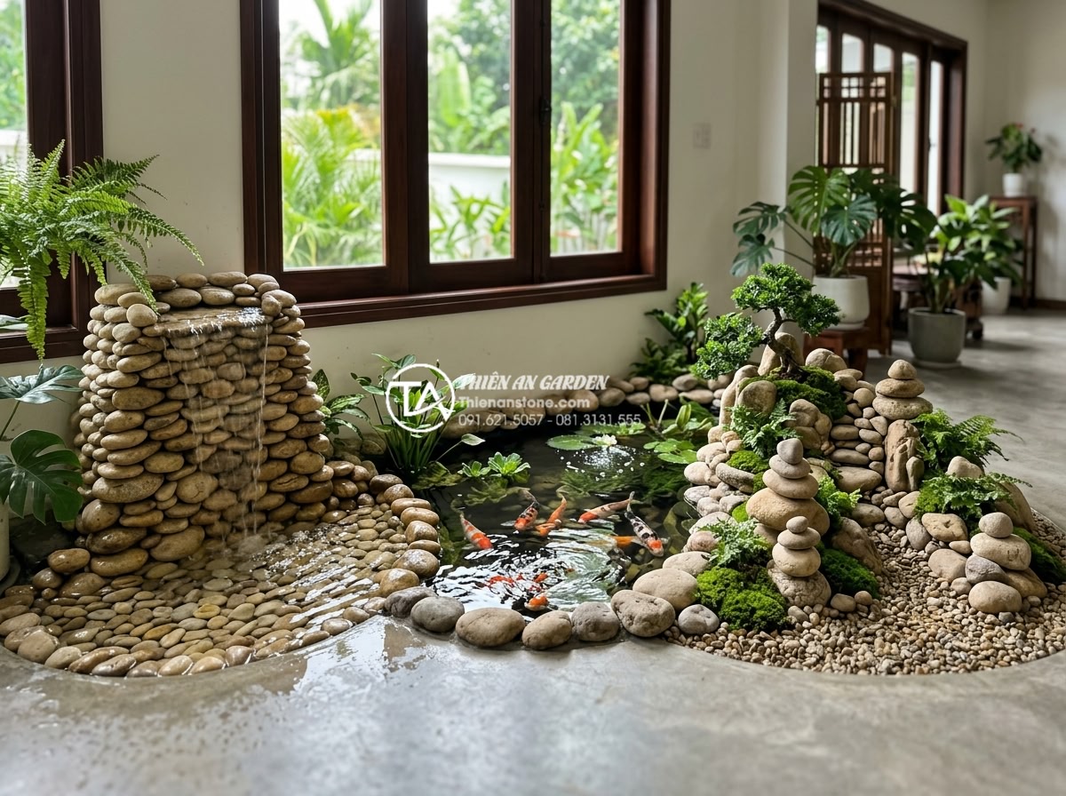 Giải đáp: Có nên đặt tiểu cảnh thác nước trong phòng khách không? - Side-by-side comparison of three premium indoor landscape options in one spaciou