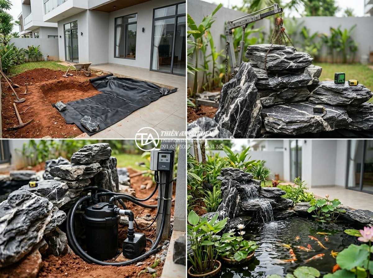 Giải pháp thiết kế tiểu cảnh bể cá mini sân vườn cho không gian nhỏ - Hình 6 Giải pháp thiết kế tiểu cảnh bể cá mini sân vườn cho không gian nhỏ - Step-by-step professional construction photography showing expert team installin