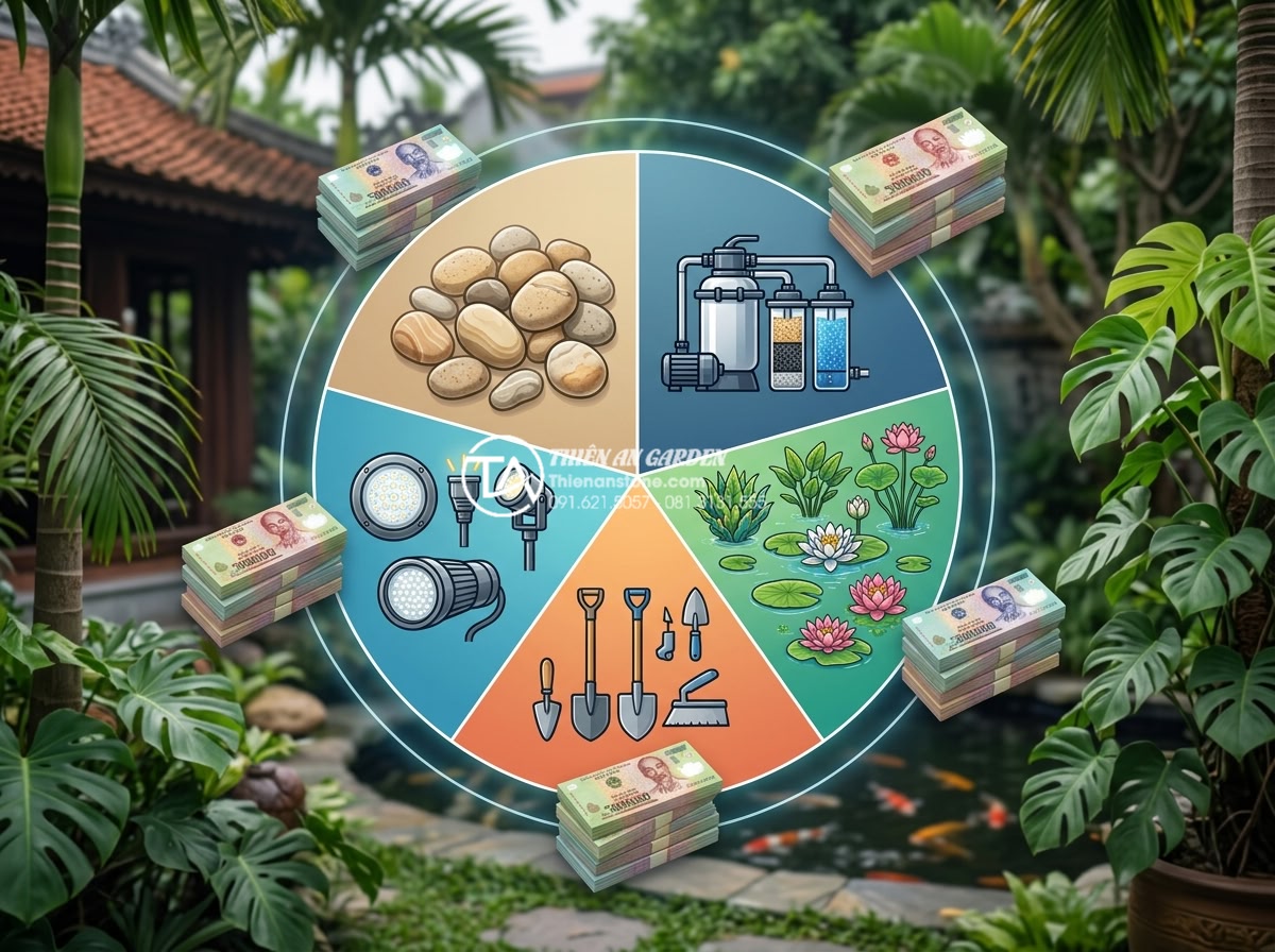 Giải pháp thiết kế tiểu cảnh bể cá mini sân vườn cho không gian nhỏ - Hình 7 Giải pháp thiết kế tiểu cảnh bể cá mini sân vườn cho không gian nhỏ - Professional infographic style image showing detailed cost breakdown pie chart f