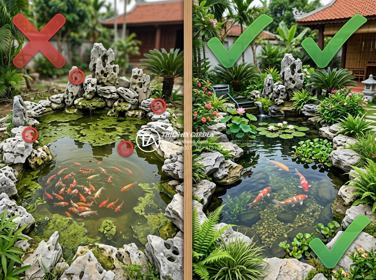 Giải pháp thiết kế tiểu cảnh bể cá mini sân vườn cho không gian nhỏ - Hình 9 Giải pháp thiết kế tiểu cảnh bể cá mini sân vườn cho không gian nhỏ - Educational before-and-after comparison image showing common mistakes in small g
