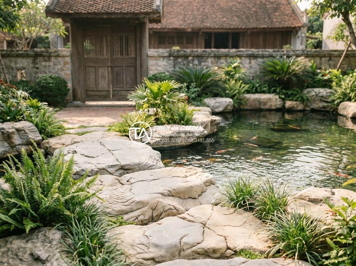 Giải pháp tiểu cảnh nhỏ trước nhà và tiểu cảnh trước nhà mini cho diện tích hẹp - Hình 9 Giải pháp tiểu cảnh nhỏ trước nhà và tiểu cảnh trước nhà mini cho diện tích hẹp - Realistic lifestyle image of well-maintained small front yard mini landscape aft