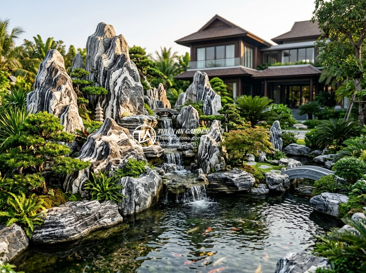 Góc nhìn chuyên gia: Nên thuê đơn vị thi công hay tự làm hòn non bộ? - Hình 1 Góc nhìn chuyên gia: Nên thuê đơn vị thi công hay tự làm hòn non bộ? - High-resolution professional photograph of a luxurious Vietnamese rockery garden