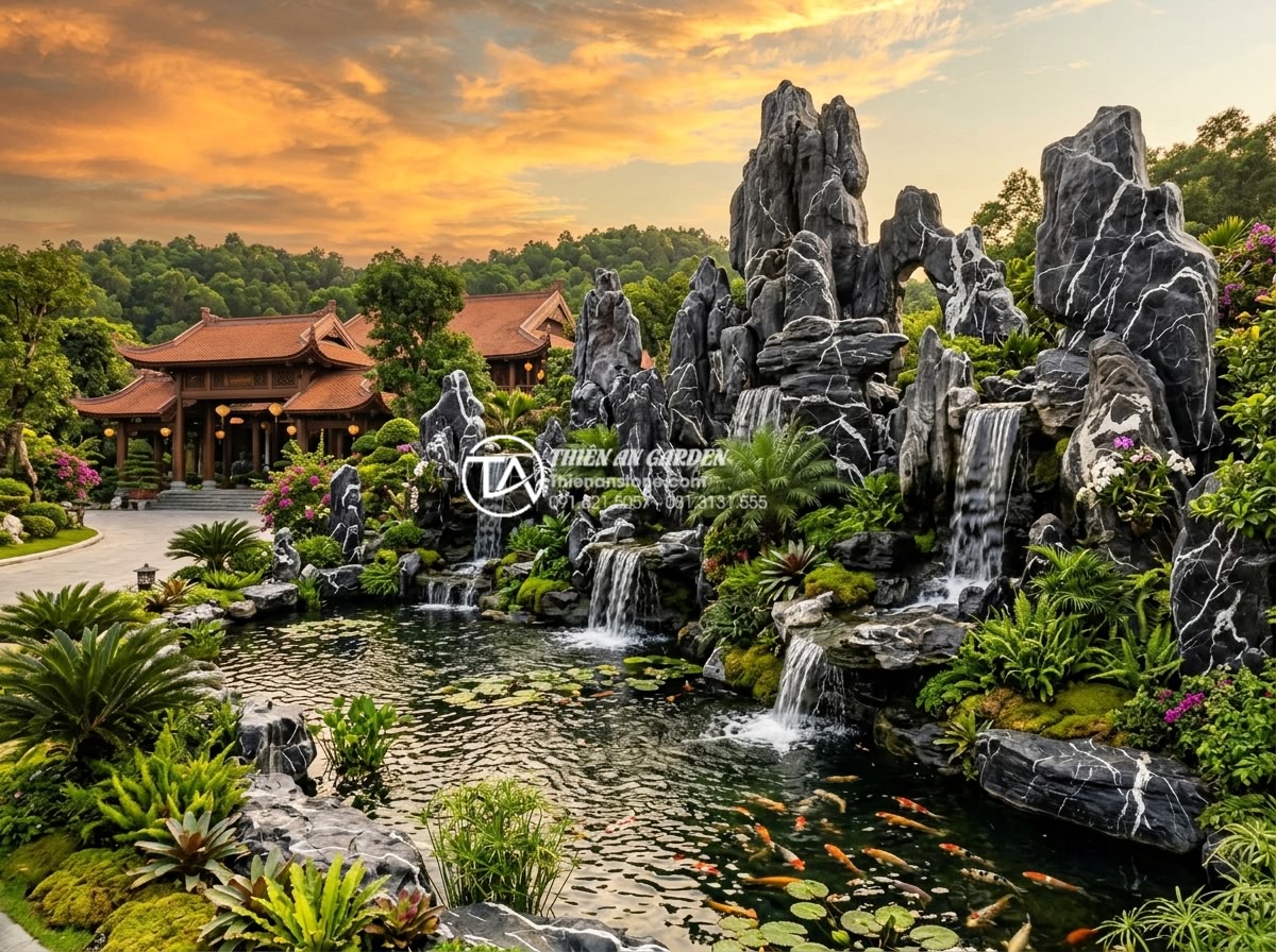 Góc nhìn chuyên gia: Nên thuê đơn vị thi công hay tự làm hòn non bộ? - Hình 10 Góc nhìn chuyên gia: Nên thuê đơn vị thi công hay tự làm hòn non bộ? - Beautiful large-scale professional rockery at luxury resort entrance featuring d