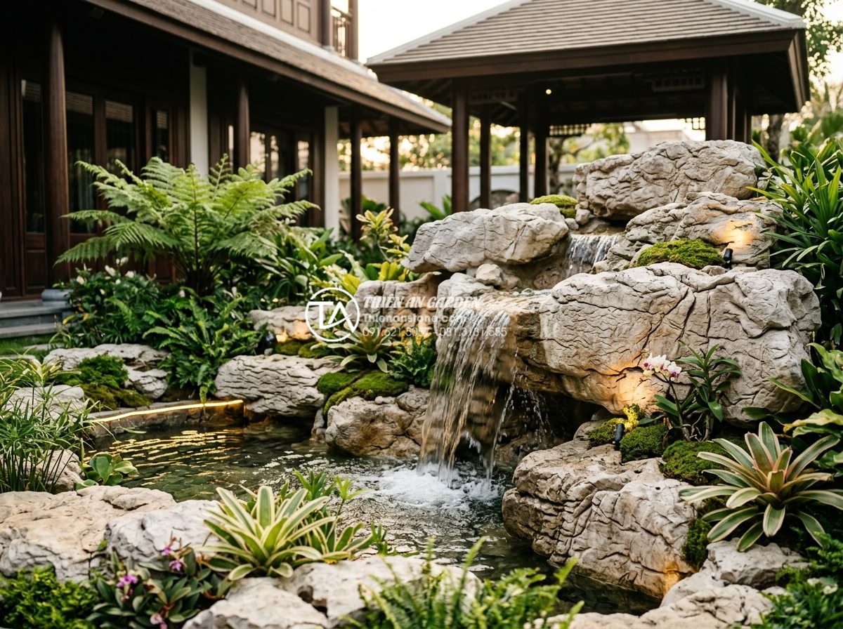 Góc nhìn chuyên gia: Nên thuê đơn vị thi công hay tự làm hòn non bộ? - Hình 12 Góc nhìn chuyên gia: Nên thuê đơn vị thi công hay tự làm hòn non bộ? - Elegant completed rockery project by expert Vietnamese stone company featuring s