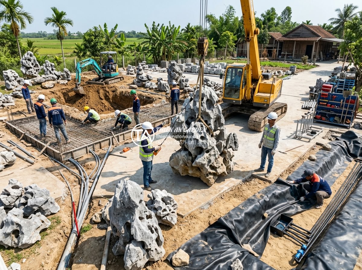 Góc nhìn chuyên gia: Nên thuê đơn vị thi công hay tự làm hòn non bộ? - Hình 13 Góc nhìn chuyên gia: Nên thuê đơn vị thi công hay tự làm hòn non bộ? - Step-by-step professional rockery construction process showing excavation and fo