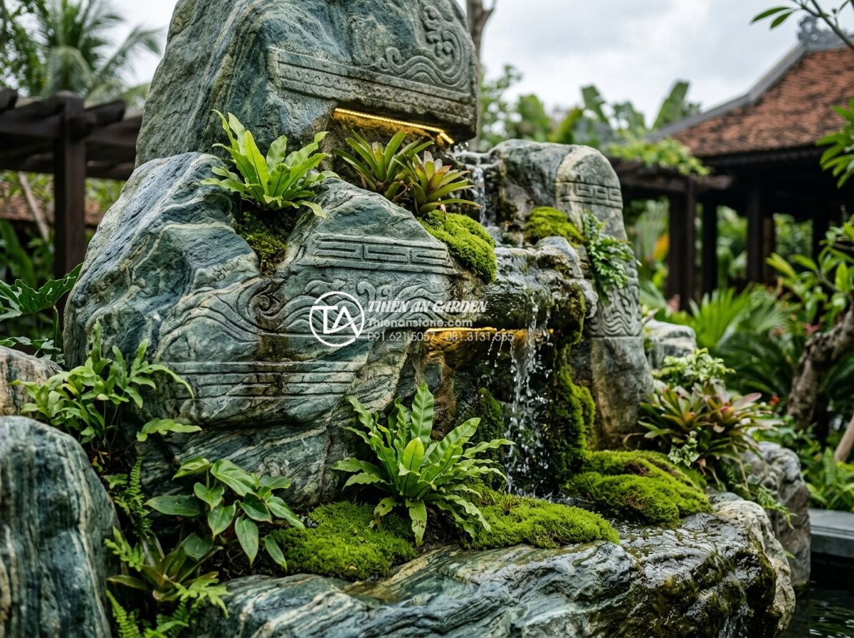 Góc nhìn chuyên gia: Nên thuê đơn vị thi công hay tự làm hòn non bộ? - Hình 2 Góc nhìn chuyên gia: Nên thuê đơn vị thi công hay tự làm hòn non bộ? - Detailed close-up view of premium natural stone rockery construction showing int