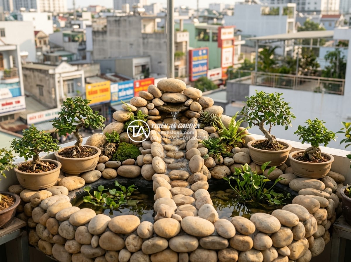 Góc nhìn chuyên gia: Nên thuê đơn vị thi công hay tự làm hòn non bộ? - Hình 4 Góc nhìn chuyên gia: Nên thuê đơn vị thi công hay tự làm hòn non bộ? - Small-scale beautiful DIY rockery on rooftop terrace featuring compact natural s