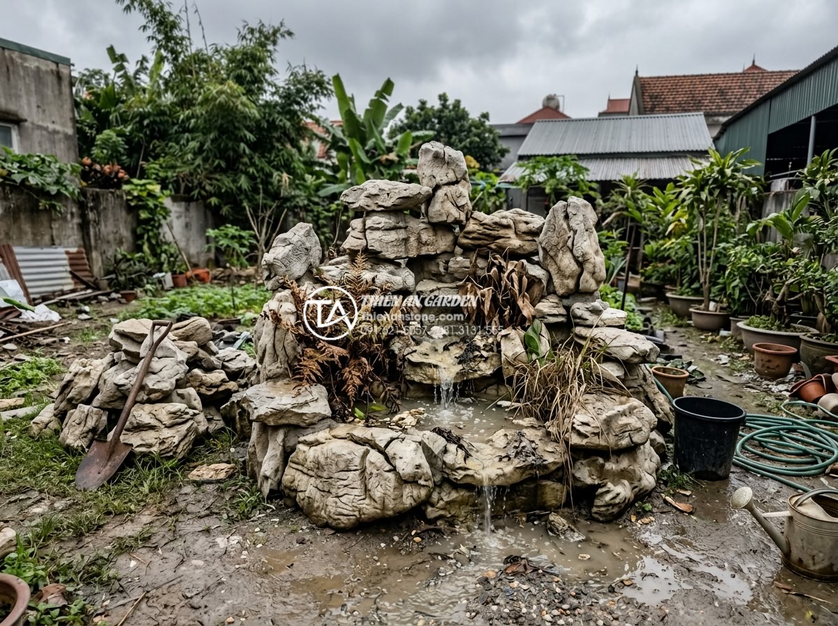 Góc nhìn chuyên gia: Nên thuê đơn vị thi công hay tự làm hòn non bộ? - Hình 5 Góc nhìn chuyên gia: Nên thuê đơn vị thi công hay tự làm hòn non bộ? - Frustrated homeowner looking at failed DIY rockery project with cracked stones,