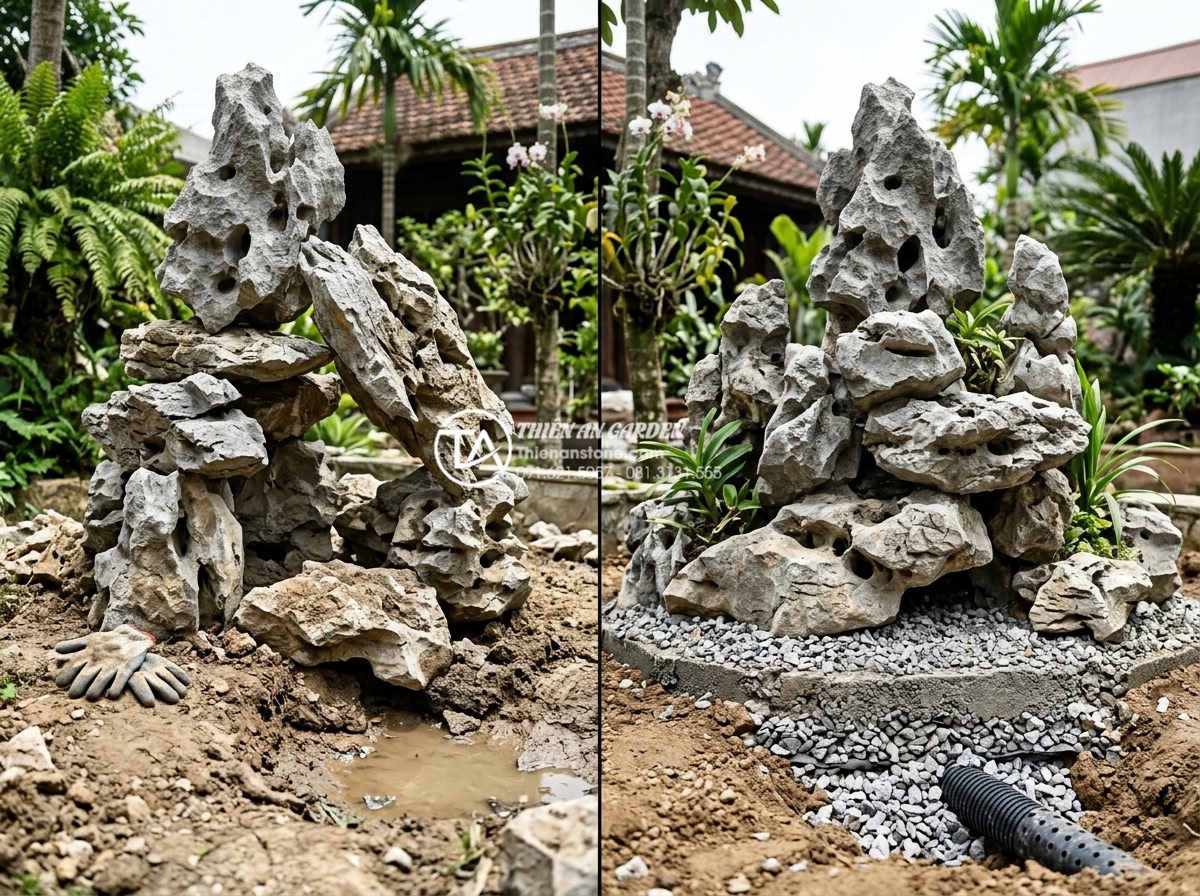 Góc nhìn chuyên gia: Nên thuê đơn vị thi công hay tự làm hòn non bộ? - Hình 6 Góc nhìn chuyên gia: Nên thuê đơn vị thi công hay tự làm hòn non bộ? - Professional comparison image showing dangerous amateur rockery construction wit