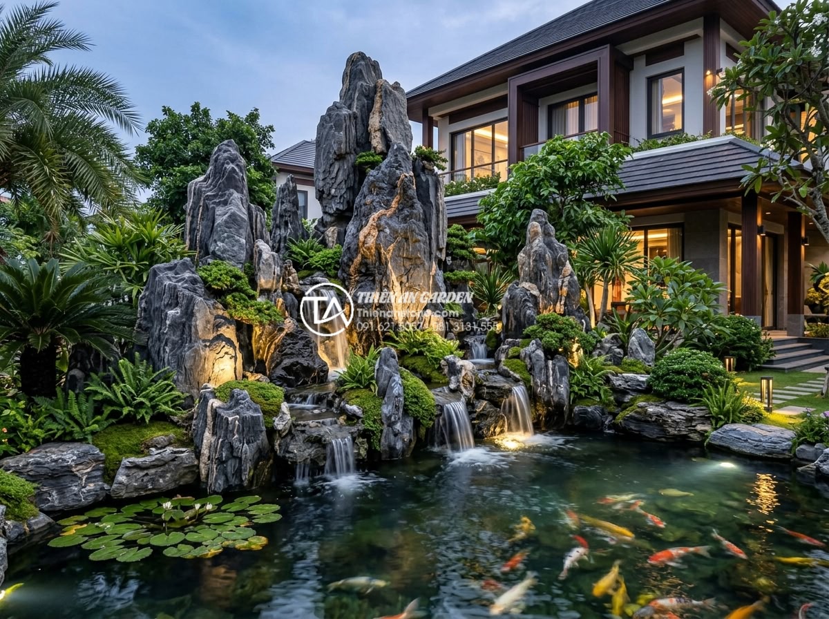 Góc nhìn chuyên gia: Nên thuê đơn vị thi công hay tự làm hòn non bộ? - Hình 7 Góc nhìn chuyên gia: Nên thuê đơn vị thi công hay tự làm hòn non bộ? - Stunning completed professional rockery installation at luxury villa showing per