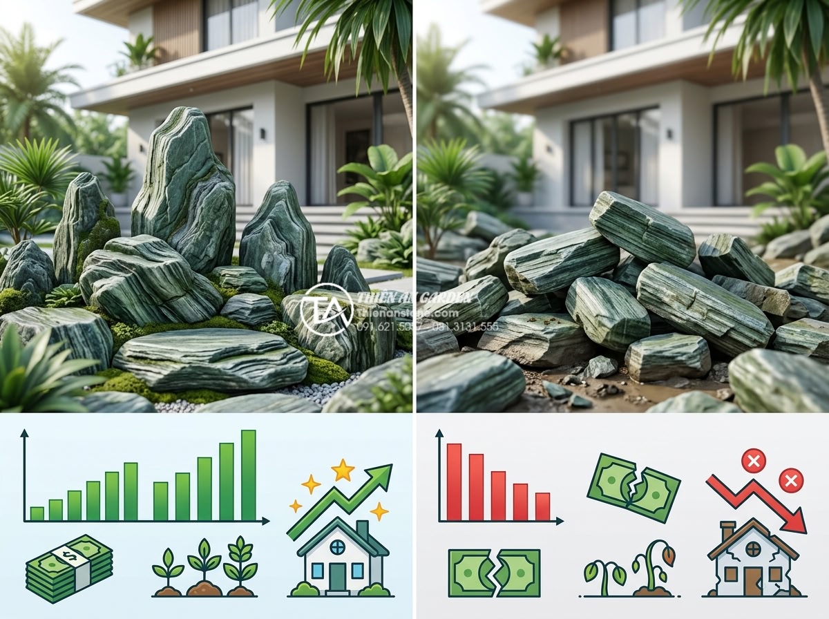 Góc nhìn chuyên gia: Nên thuê đơn vị thi công hay tự làm hòn non bộ? - Hình 9 Góc nhìn chuyên gia: Nên thuê đơn vị thi công hay tự làm hòn non bộ? - Professional cost comparison infographic style image showing modern villa with b