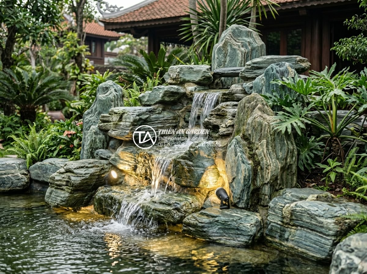Hệ thống đèn led âm nước: Cách tạo hiệu ứng ánh sáng huyền ảo cho thác nước - Professional team from Da Canh Thien An company installing high-end underwater L