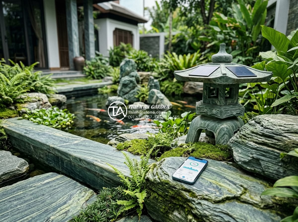Hồ cá Koi phong cách Zen Nhật Bản: Đỉnh cao tiểu cảnh sân vườn 2026 - Futuristic 2026 Zen koi pond design with solar panels integrated into stone lant