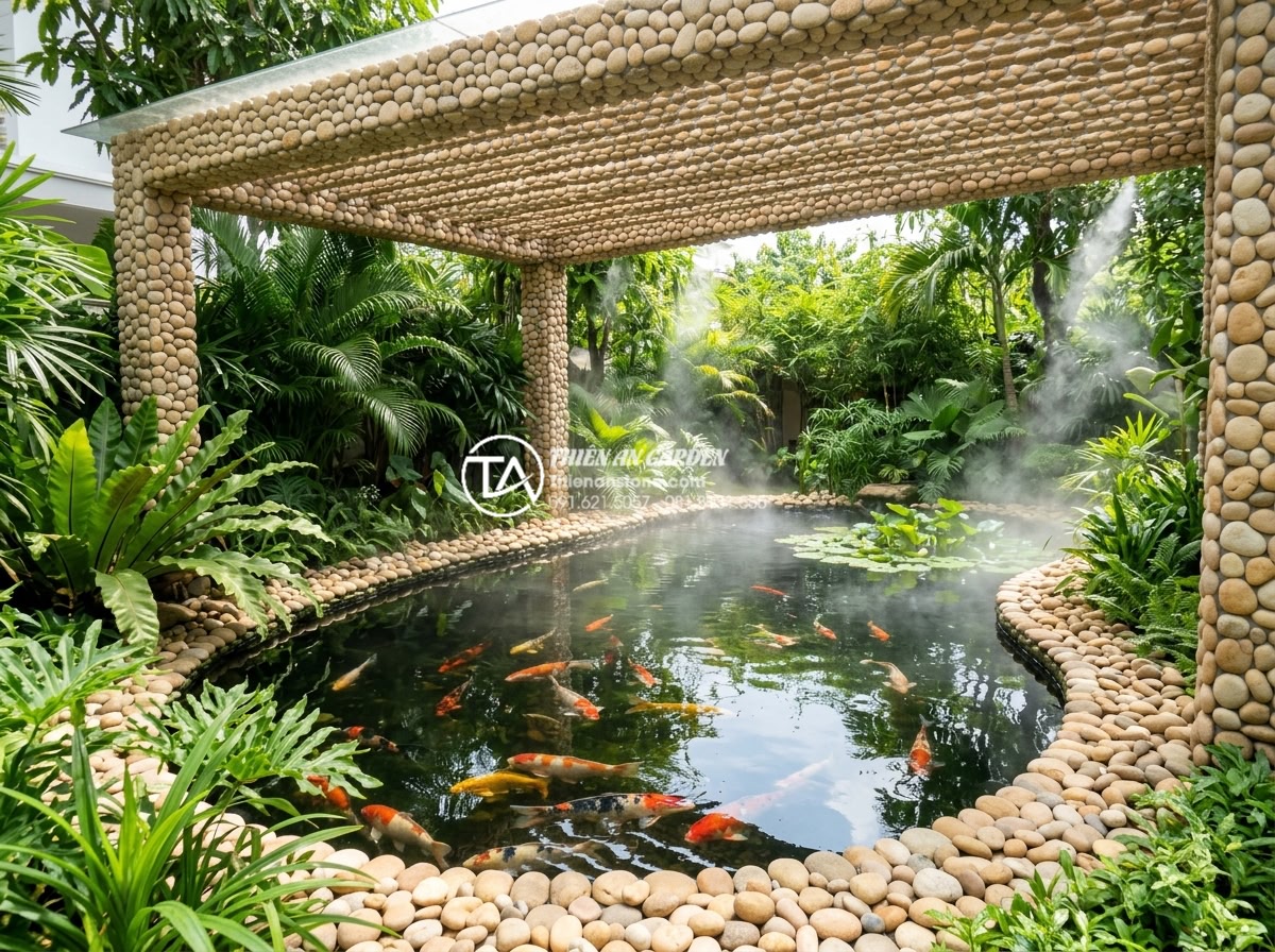 Hồ cá Koi phong cách Zen Nhật Bản: Đỉnh cao tiểu cảnh sân vườn 2026 - Modern Vietnamese Zen koi pond in summer with natural stone shading structures, 