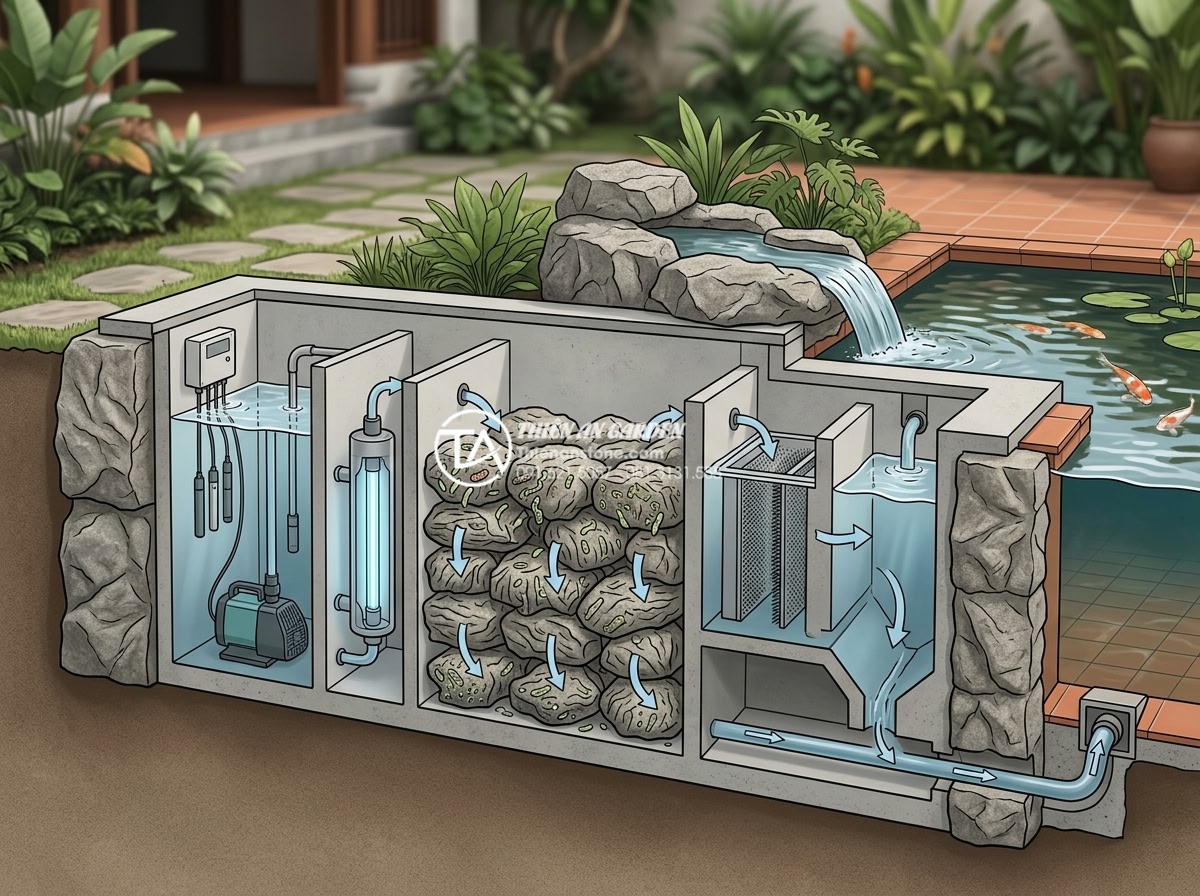 Hồ cá Koi phong cách Zen Nhật Bản: Đỉnh cao tiểu cảnh sân vườn 2026 - Cutaway technical illustration of advanced multi-stage koi pond filtration syste