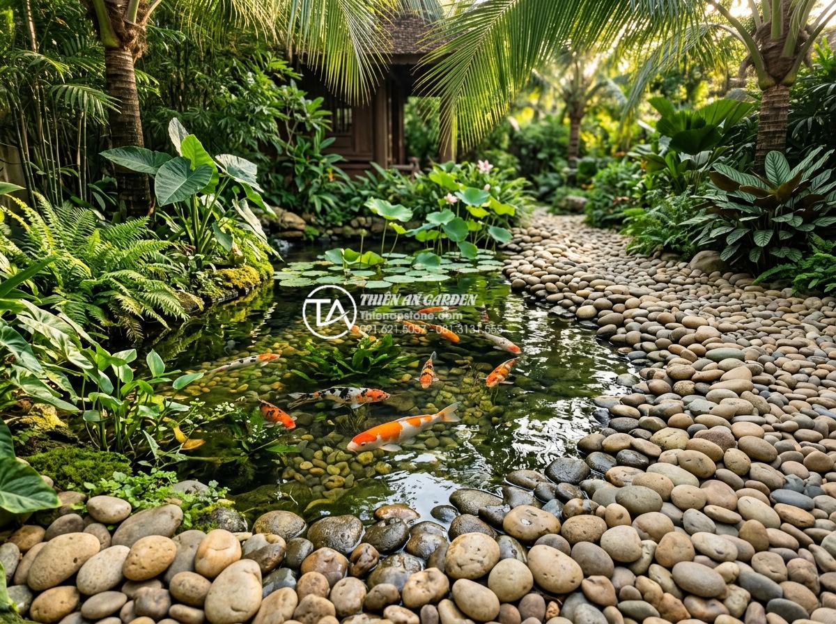 Hồ cá tiểu cảnh sân vườn nên nuôi cá gì để bền đẹp và hợp phong thủy? - Serene Vietnamese luxury garden mini pond featuring vibrant orange white and bla