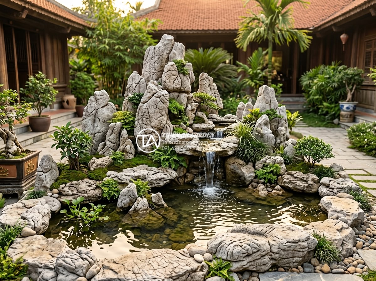 Hòn non bộ cho người mệnh Kim: Chọn màu đá và hướng đặt chuẩn nhất - Detailed realistic photograph of a large elegant miniature rockery garden with w