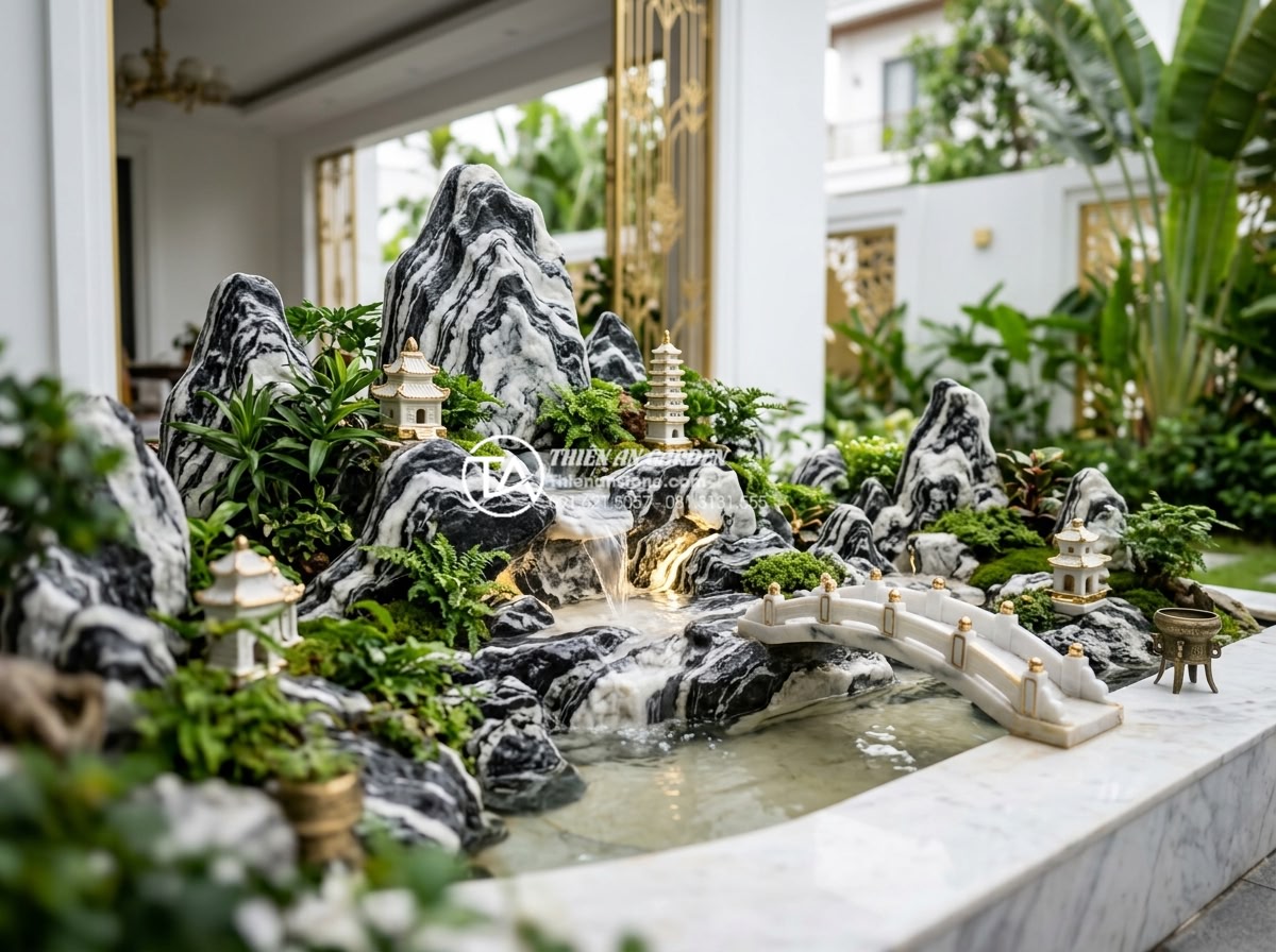 Hòn non bộ cho người mệnh Kim: Chọn màu đá và hướng đặt chuẩn nhất - Artistic high-resolution image of a luxurious miniature landscape featuring onyx