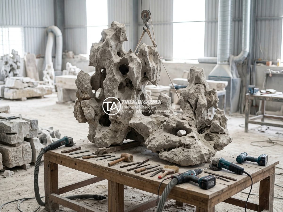 Hòn non bộ cho người mệnh Kim: Chọn màu đá và hướng đặt chuẩn nhất - Professional behind-the-scenes photo of skilled Vietnamese artisans at Đá Cảnh T