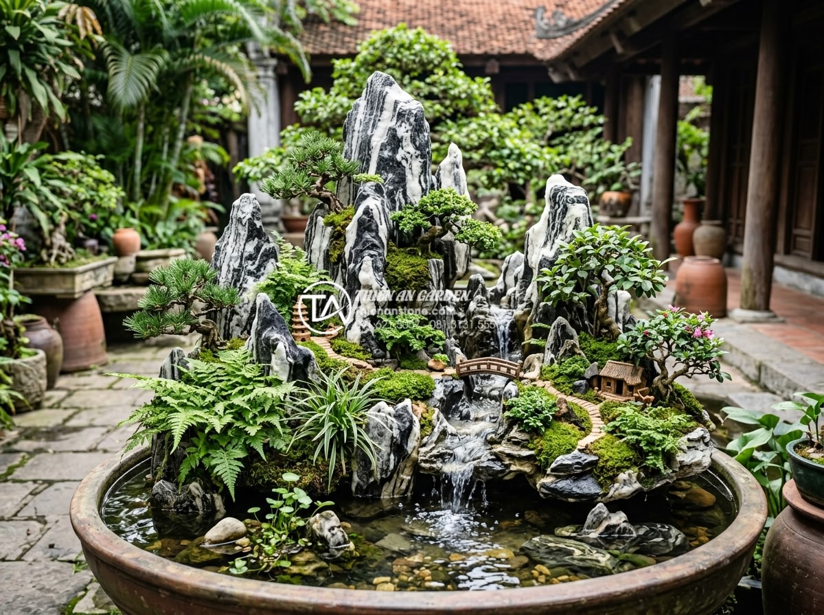 Hòn non bộ cho người mệnh Thủy: Khai thông dòng chảy tài lộc dồi dào - Highly detailed realistic photograph of a traditional Vietnamese hon non bo mini
