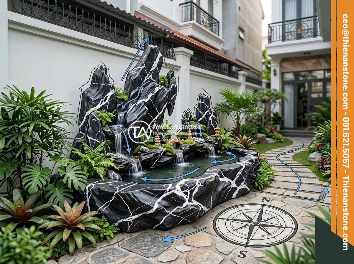 Hòn non bộ cho người mệnh Thủy: Khai thông dòng chảy tài lộc dồi dào - Hình 10 Hòn non bộ cho người mệnh Thủy: Khai thông dòng chảy tài lộc dồi dào - Technical yet artistic rendering showing correct North-facing placement of a hon