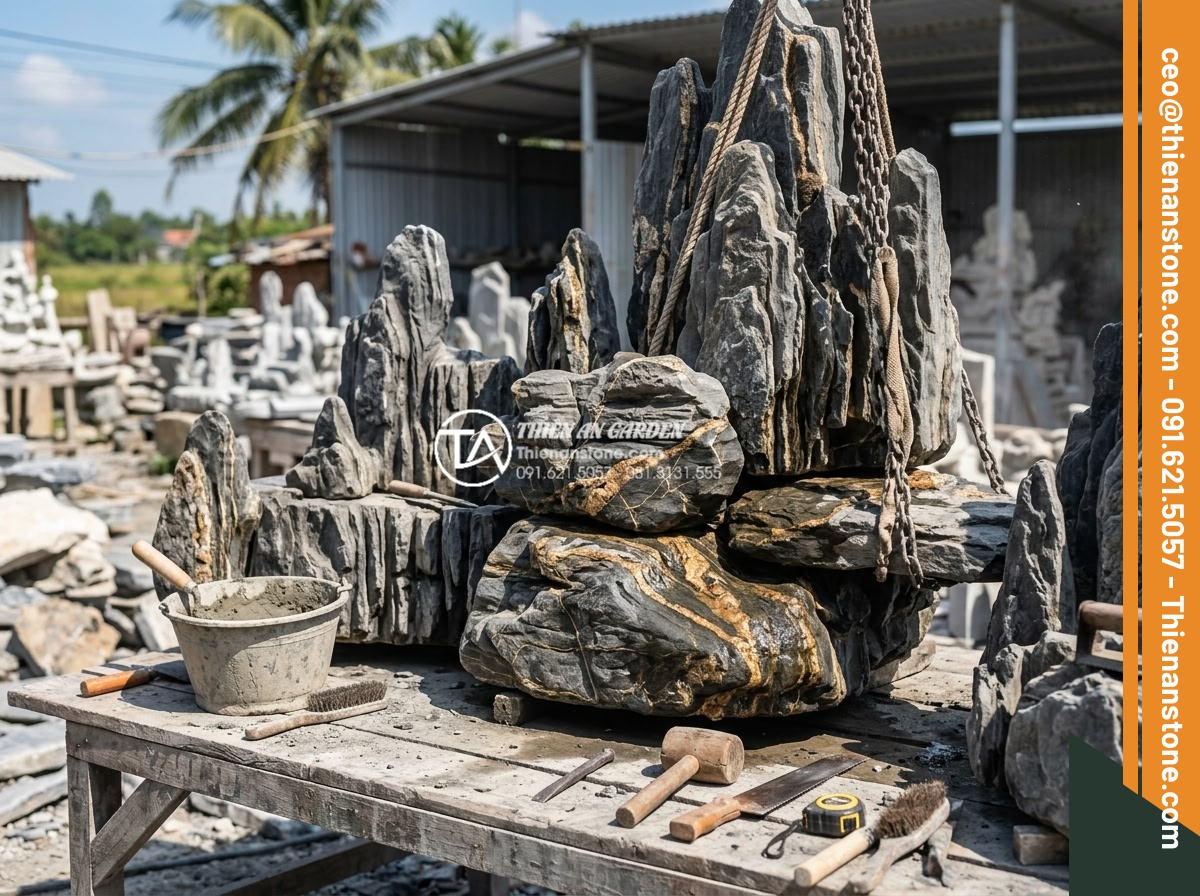 Hòn non bộ cho người mệnh Thủy: Khai thông dòng chảy tài lộc dồi dào - Hình 14 Hòn non bộ cho người mệnh Thủy: Khai thông dòng chảy tài lộc dồi dào - Behind-the-scenes professional photography of skilled Vietnamese artisans hand-c