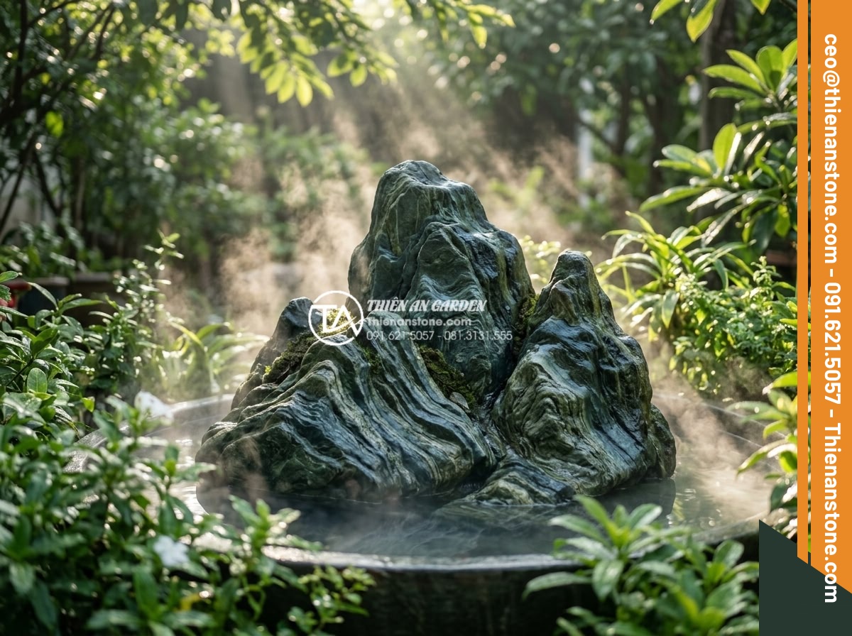 Hòn non bộ cho người mệnh Thủy: Khai thông dòng chảy tài lộc dồi dào - Hình 16 Hòn non bộ cho người mệnh Thủy: Khai thông dòng chảy tài lộc dồi dào - Serene morning scene of a well-maintained dark stone hon non bo with soft mist r