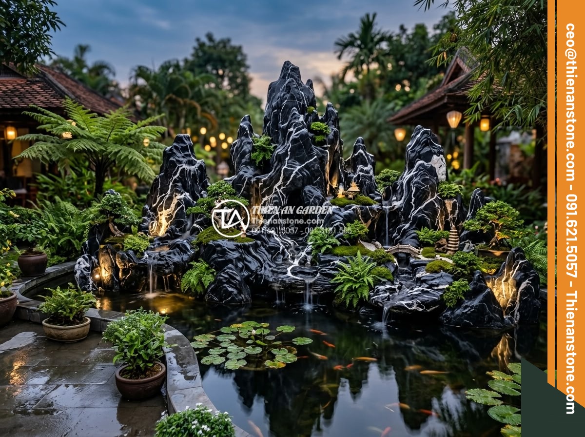 Hòn non bộ cho người mệnh Thủy: Khai thông dòng chảy tài lộc dồi dào - Hình 3 Hòn non bộ cho người mệnh Thủy: Khai thông dòng chảy tài lộc dồi dào - Artistic wide-angle shot of an elegant hon non bo for Water destiny featuring la