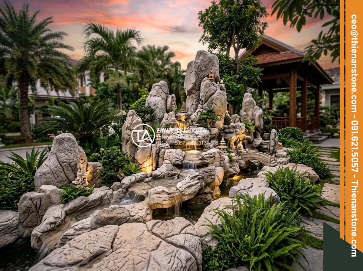 Hòn non bộ cho người mệnh Thủy: Khai thông dòng chảy tài lộc dồi dào - Hình 5 Hòn non bộ cho người mệnh Thủy: Khai thông dòng chảy tài lộc dồi dào - Stunning outdoor installation of a large scale hon non bo in the Ngũ Hành Thủy s