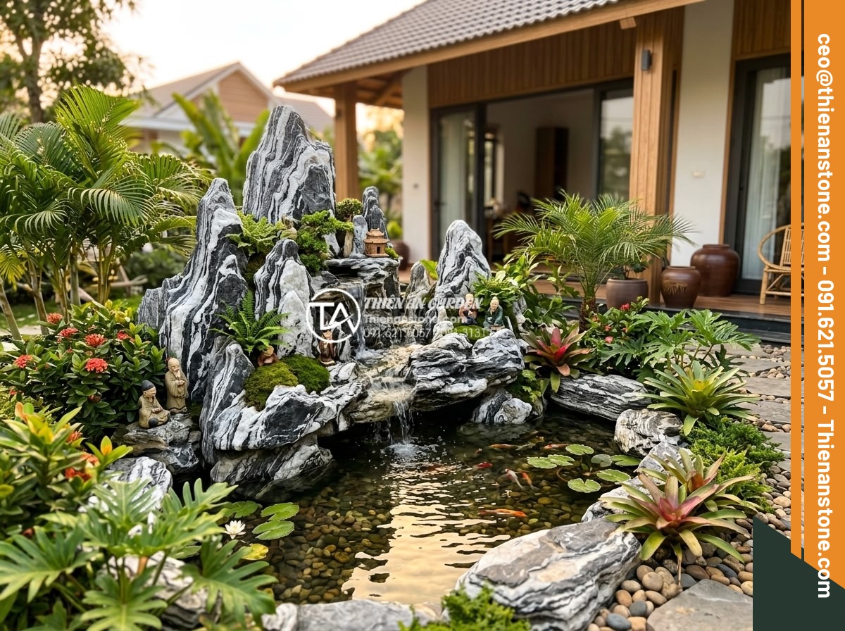 Hòn non bộ cho người mệnh Thủy: Khai thông dòng chảy tài lộc dồi dào - Hình 8 Hòn non bộ cho người mệnh Thủy: Khai thông dòng chảy tài lộc dồi dào - Beautiful lifestyle image of a completed hon non bo for Water element in a moder