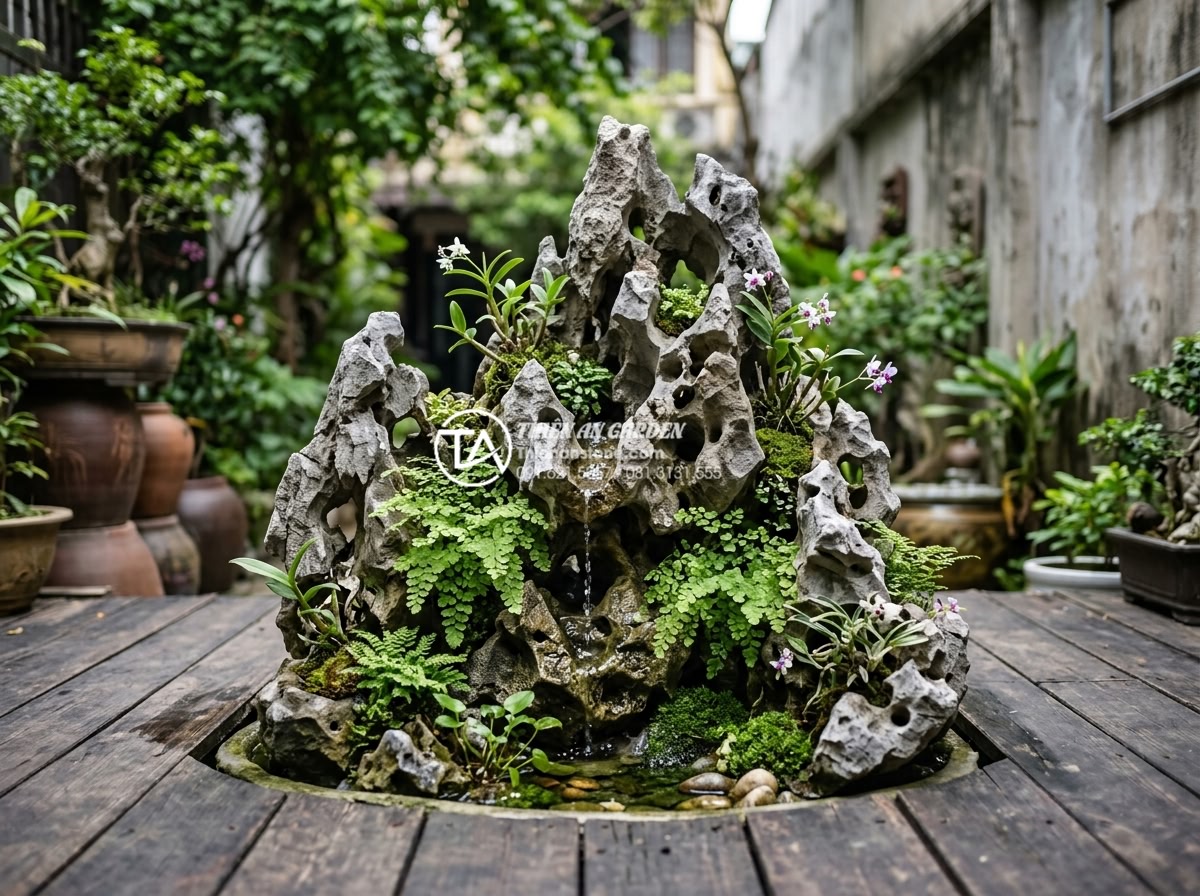 Hòn non bộ mini: Giải pháp tối ưu cho không gian sân vườn diện tích nhỏ - Close-up professional photograph of an elegant mini rockery on a wooden deck in 