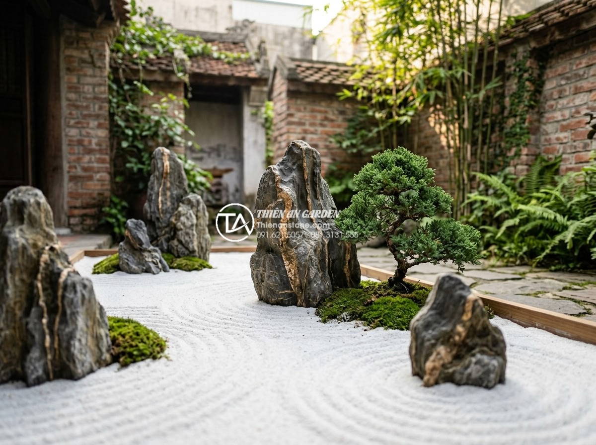 Hòn non bộ mini: Giải pháp tối ưu cho không gian sân vườn diện tích nhỏ - High quality realistic image of a Japanese style mini Zen rock garden with raked
