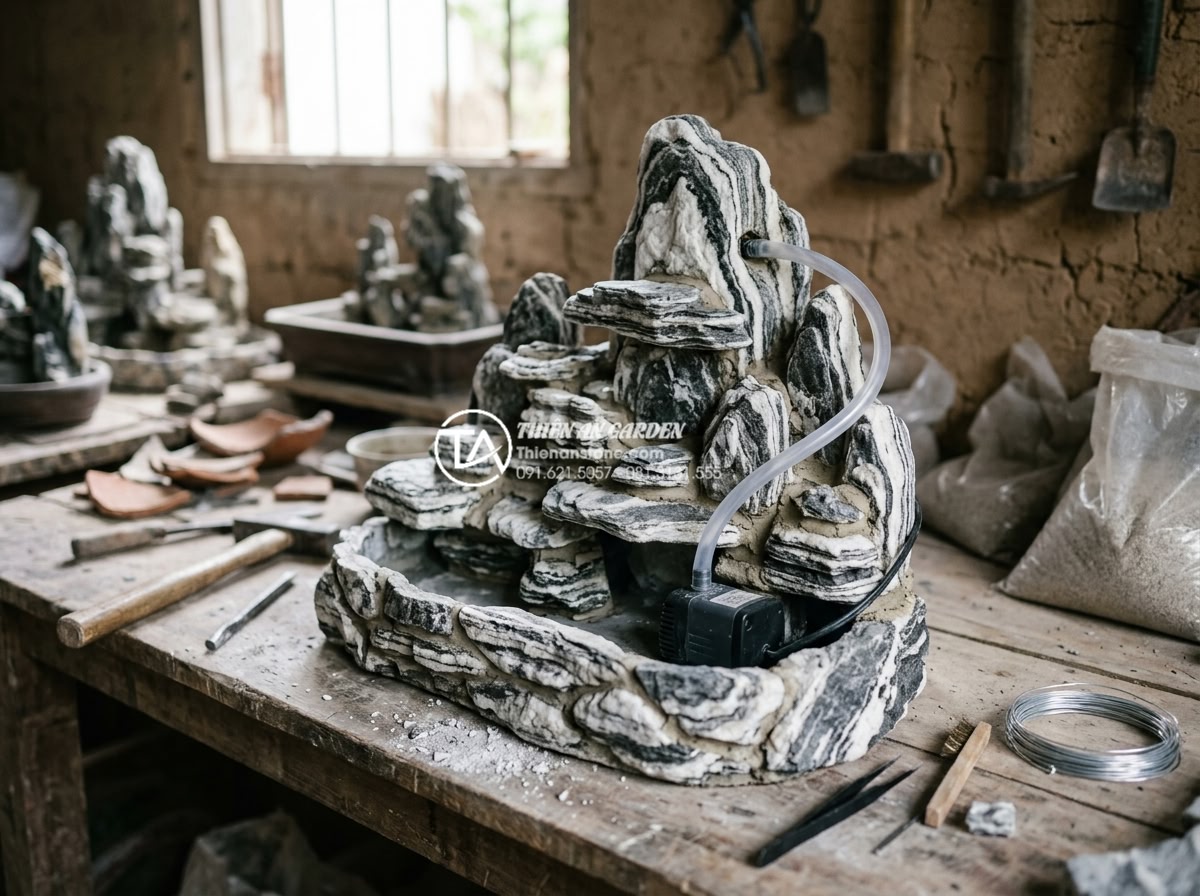 Hòn non bộ mini: Giải pháp tối ưu cho không gian sân vườn diện tích nhỏ - Detailed professional photo showing the construction process of a mini rockery: 