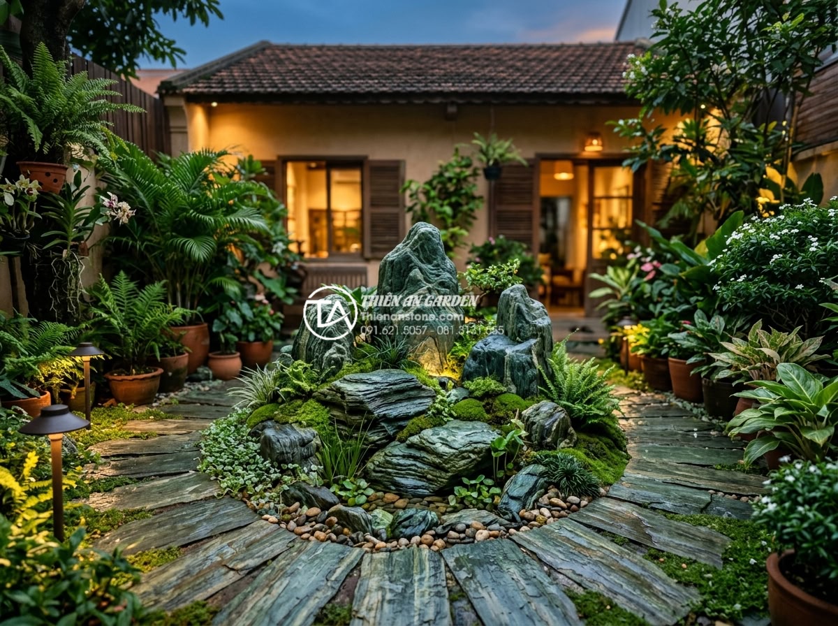 Hòn non bộ mini: Giải pháp tối ưu cho không gian sân vườn diện tích nhỏ - Beautiful wide angle realistic photo of a small townhouse garden with perfectly 