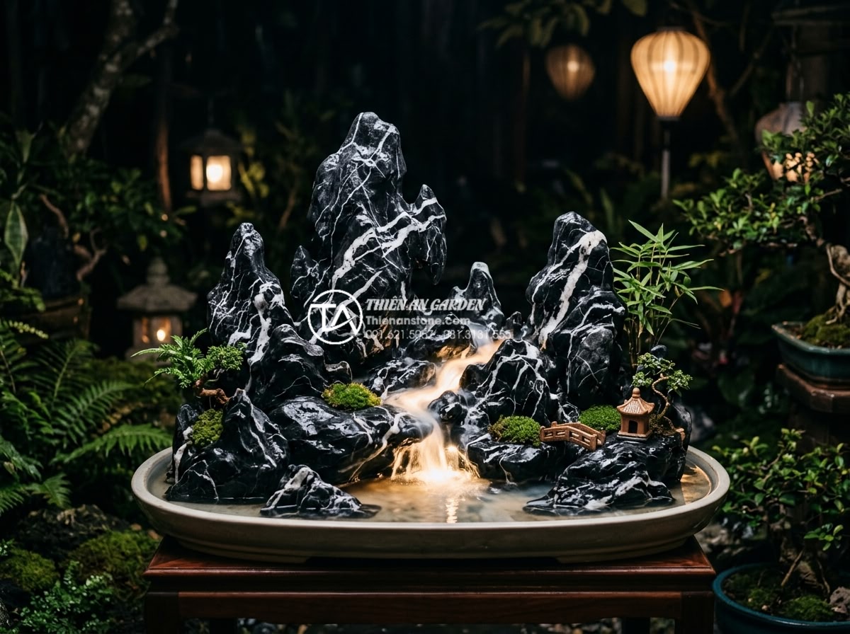 Hòn non bộ mini: Giải pháp tối ưu cho không gian sân vườn diện tích nhỏ - Artistic realistic photograph of a feng shui mini rockery at night with glowing 